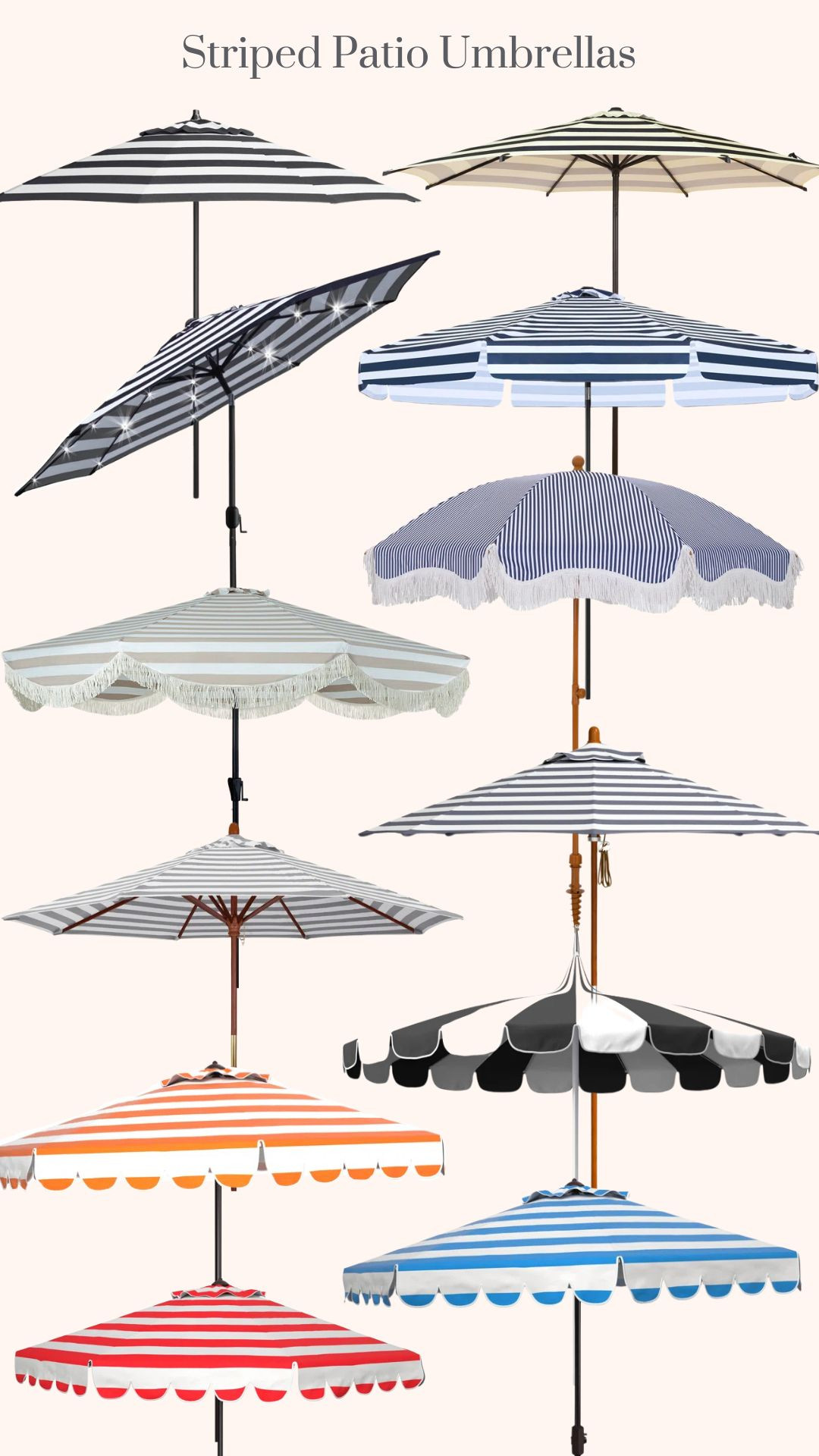 Striped Patio Umbrellas. Pink and White Striped Tilt Market Umbrella. Blue and White Striped Tilt Market Umbrella. Orange and White Striped Tilt Market Umbrella. Black and White 8.5' Sunbrella Two-Tone Pagoda Umbrella. Navy Blue and White Striped 9' Market Umbrella. Blue and White Striped 7ft Patio Umbrella with Fringe. Dark Blue and White Striped 9' Market Umbrella. Black and Cream Striped 108" Market Umbrella. Tan and White Striped 9ft Market Umbrella with Fringe. Grey and White Striped 108'' Market Umbrella. Dark Blue and White Striped 108'' Market Umbrella. Black and White Striped 108'' Market Sunbrella® Umbrella. 

 #LTKSeasonal #LTKHome