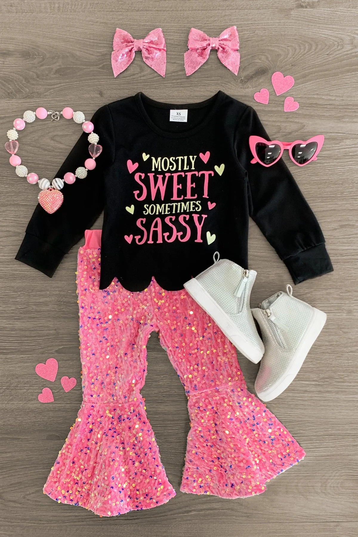 "Mostly Sweet Sometimes Sassy" Sequin Bell Bottom Set | Sparkle In Pink