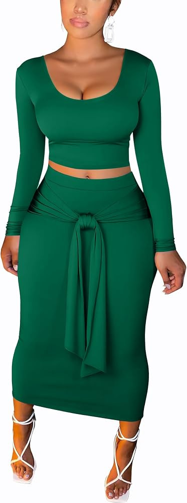 FANDEE Skirt Sets Women 2 Piece Outfits Plus Size Midi Dresses For Curvy Women, Long Sleeves Top ... | Amazon (US)
