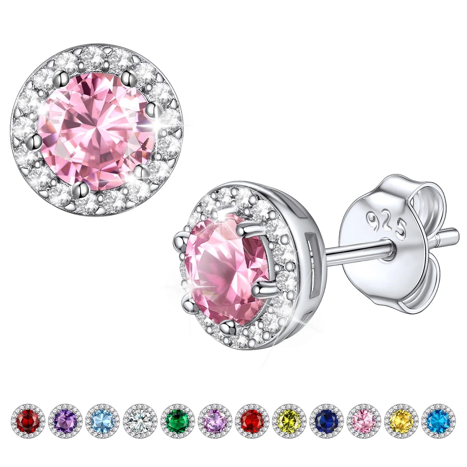 Bestyle S925 Sterling Silver Earrings Created Pink Tourmaline Stud Earrings October Round Birthst... | Walmart (US)