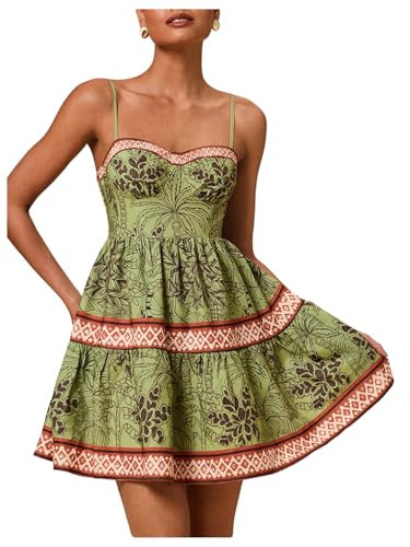 Floerns Women's Floral Summer Mini Dress Spaghetti Strap Vintage Tiered Ruffle Holiday Beach Dresses Green Large | Amazon (US)