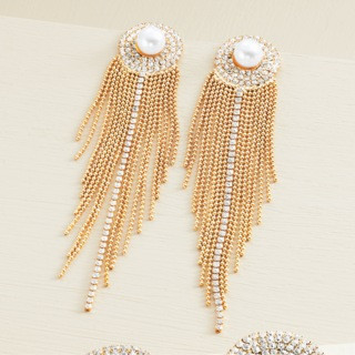 Ashro Crystal Fringe Goldtone Earrings, Faux Pearl | Ashro