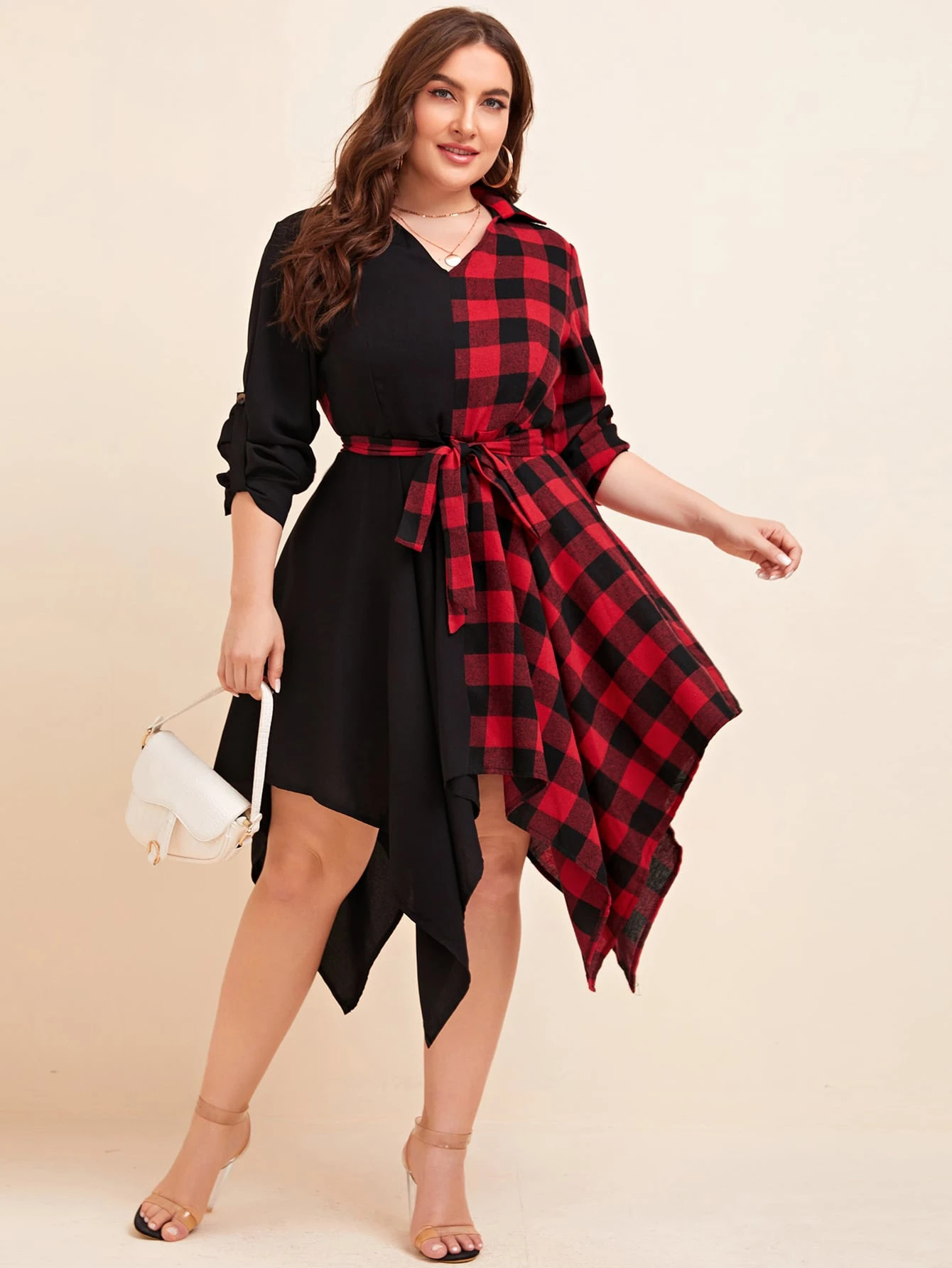 Plus Buffalo Plaid Panel Hanky Hem Belted Dress | SHEIN