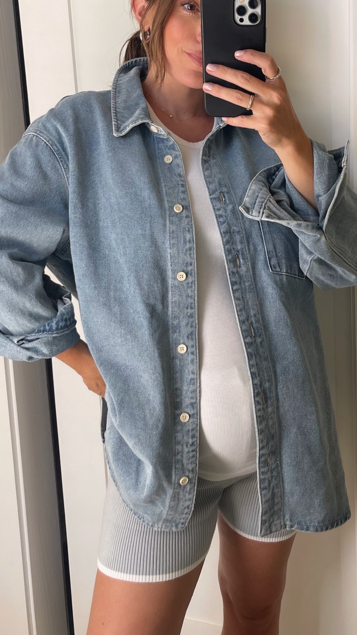Denim shirt, maternity shorts and tee 

#LTKBump