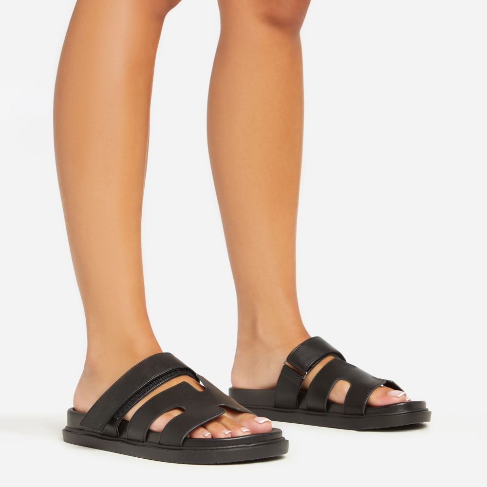 Valerie Gladiator Velcro Strap Flat Slider Sandal In Black Faux Leather | Ego Shoes (UK)