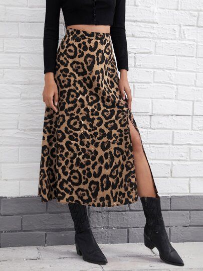 SHEIN Zipper Side Split Thigh Leopard Skirt | SHEIN