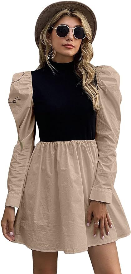 Floerns Women's Contrast Mock Neck Puff Long Sleeve A Line Short Dress | Amazon (US)