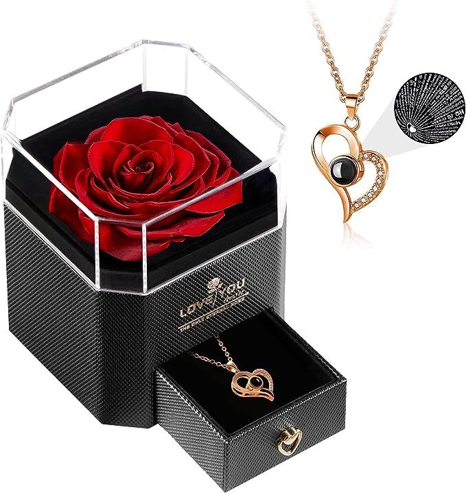 NOWWISH Preserved Real Red Rose with I Love You Necklace in 100 Languages, Birthday Gifts for Wom... | Amazon (US)