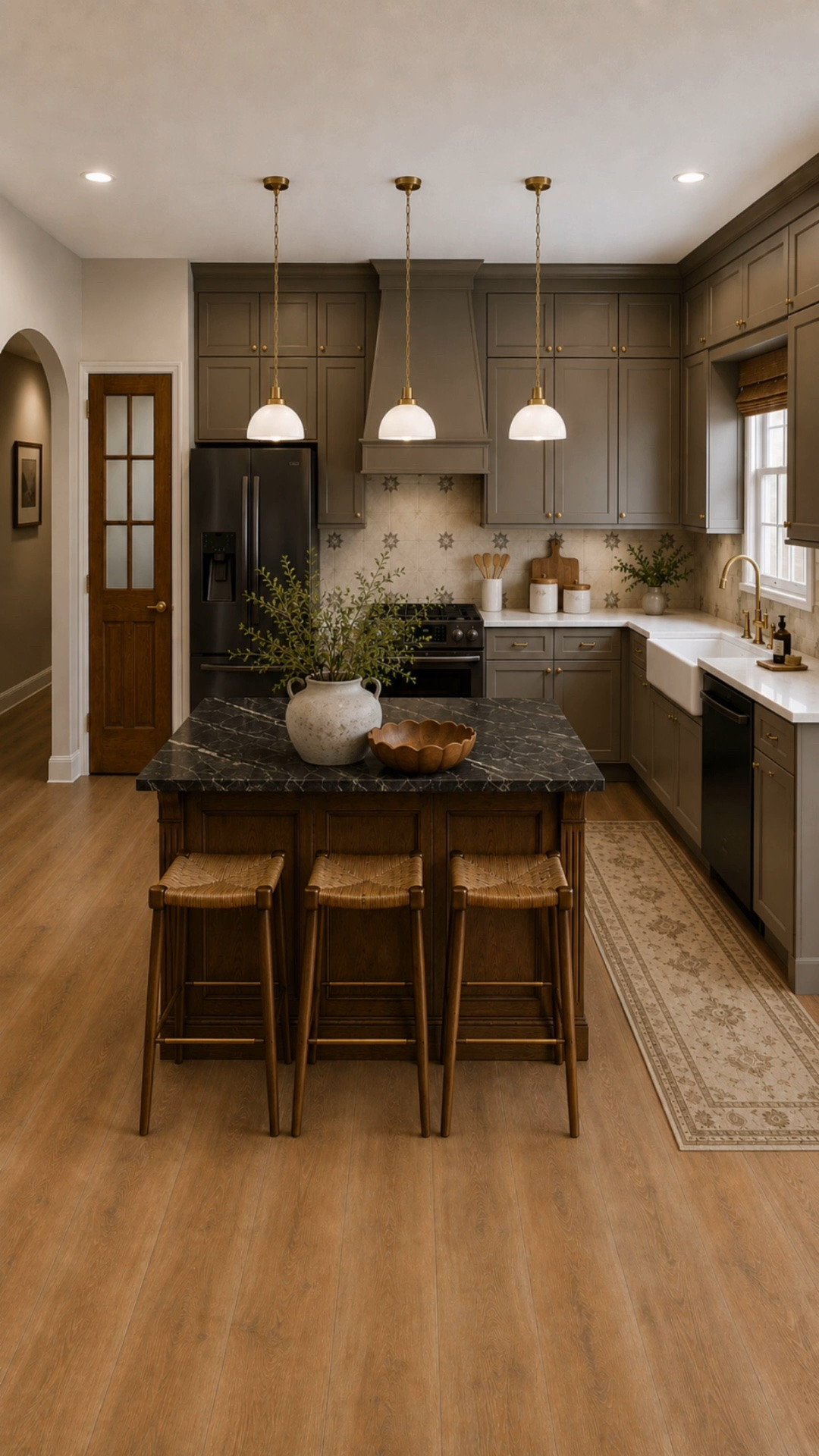 A builder-grade kitchen doesn’t always need to be completely gutted to feel like a different space.

For this design, I started with a pretty typical honey oak kitchen and looked at what could be changed while still working with the existing footprint. Instead of replacing all of the cabinetry, I kept the existing cabinets and added a second row of cabinets above them, finished with crown molding to create the look of custom cabinetry that extends all the way to the ceiling. Then a warmer taupe cabinet color completely changes the way they read.

Over the stove, I removed the microwave and cabinets and replaced them with a customized vent hood to bring in some of the architectural character the original kitchen was missing. I also widened the island and added some really pretty trim work before staining it a deeper wood tone and topping it with soapstone, and swapped the basic pantry door for a warm wood-and-glass door that feels a little vintage and special.

New countertops and backsplash, wide plank oak flooring, aged brass finishes and vintage-inspired lighting bring the rest of the design together without reinventing the entire layout.

And then comes the part that really makes it feel finished—the styling. A vintage-inspired runner, woven counter stools, aged pottery, warm wood cutting boards and simple everyday pieces layered onto the counters soften all of those new finishes and make the kitchen feel collected rather than newly renovated.

It’s a good reminder that making a builder-grade home feel custom isn’t always about changing everything. Sometimes it’s knowing which things are worth changing and which ones you can work with.

I linked the kitchen decor and similar pieces below so you can recreate this warm, collected look in your own kitchen.

#LTKHome