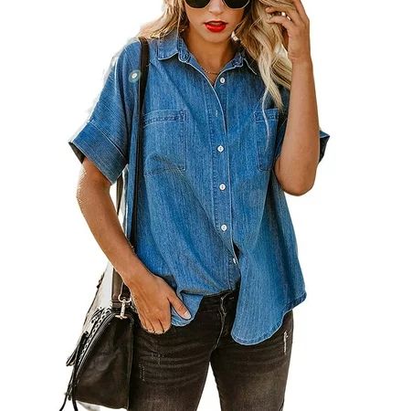 Niuer Women Casual Loose Denim Tops Shirts Casual Loose Tunic Blouse Summer Jean Shirt with Pocket | Walmart (US)