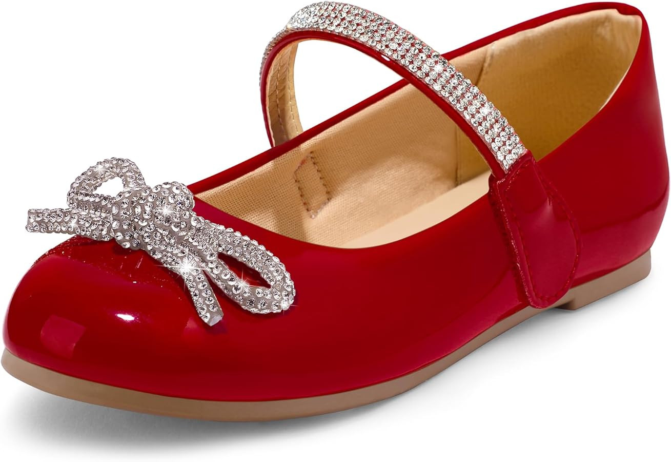 K KomForme Girl's Bow Mary Jane Dress Shoes Ballet Princess Flats with Rhinestone Strap for Party... | Amazon (US)