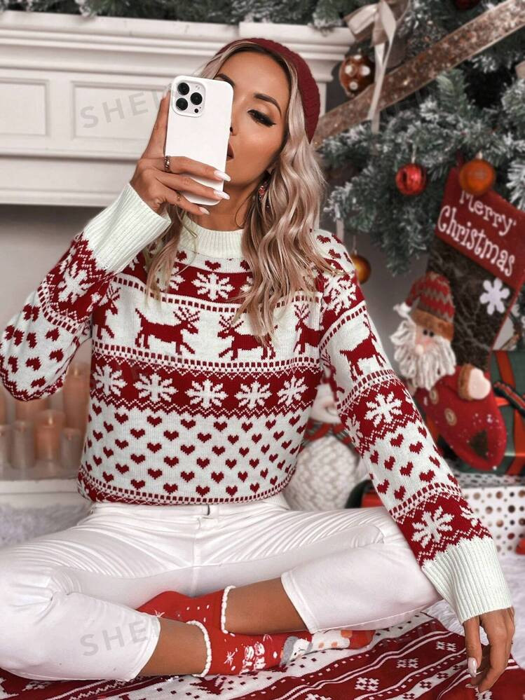 SHEIN Essnce Christmas Elk & Heart Pattern Drop Shoulder Sweater | SHEIN USA | SHEIN