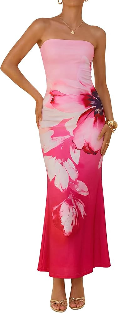 ZESICA Womens Summer Floral Bodycon Maxi Dress 2026 Formal Off Shoulder Strapless Cocktail Weddin... | Amazon (US)