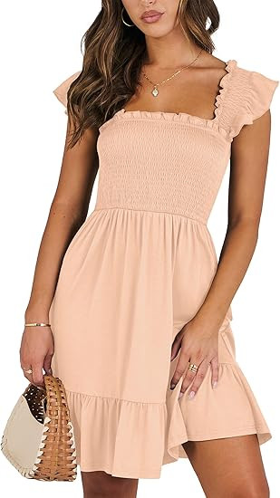 ANRABESS Women's Summer Casual Sleeveless Square Neck Dress 2026 Smocked Ruffle Backless Boho Bea... | Amazon (US)