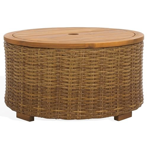 SAFAVIEH Couture Collection – Anguilla Faux Wicker Indoor/Outdoor Storage Coffee Table, Fully Assembled, Natural Brown Patio Accent Table with Removable Wood Top (CPT2103A) | Amazon (US)