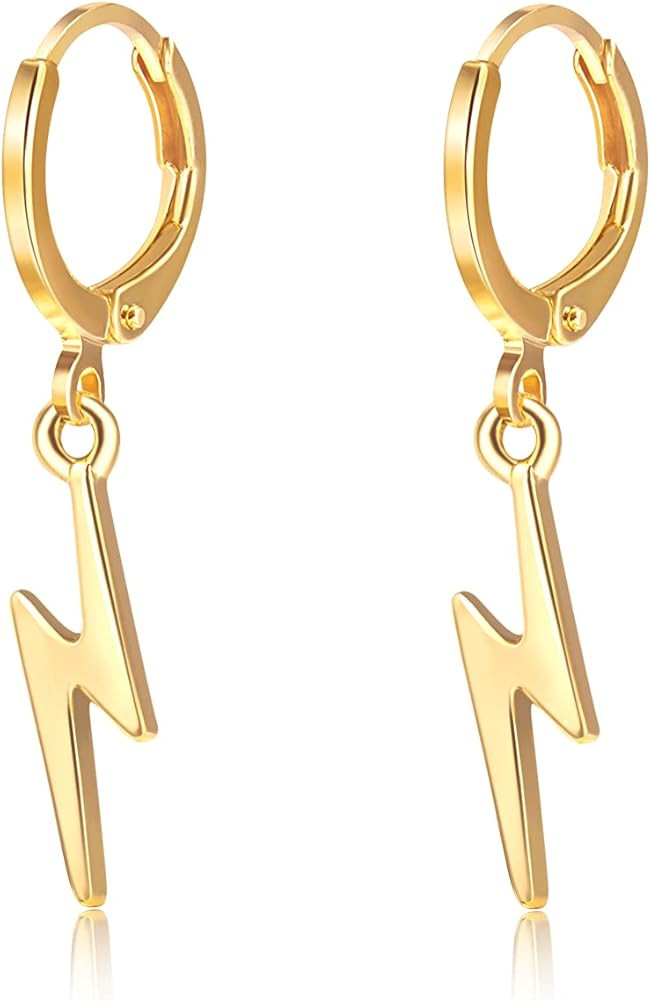 BYIA Huggie Dangle Hoop Earrings, 14K Gold Plated Cross Moon Star Shell Hollow Heart Evil Eye Lightn | Amazon (US)