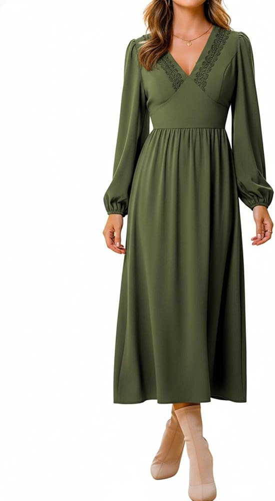 CUPSHE Womens Fall Wedding Guest Dress Long Sleeve V Neck Maxi Dress Smocked Waist Long Flowy Mid... | Amazon (US)