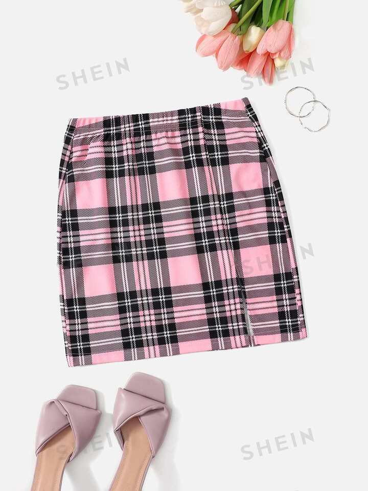 SHEIN EZwear Plaid Split Detail Skirt | SHEIN | SHEIN