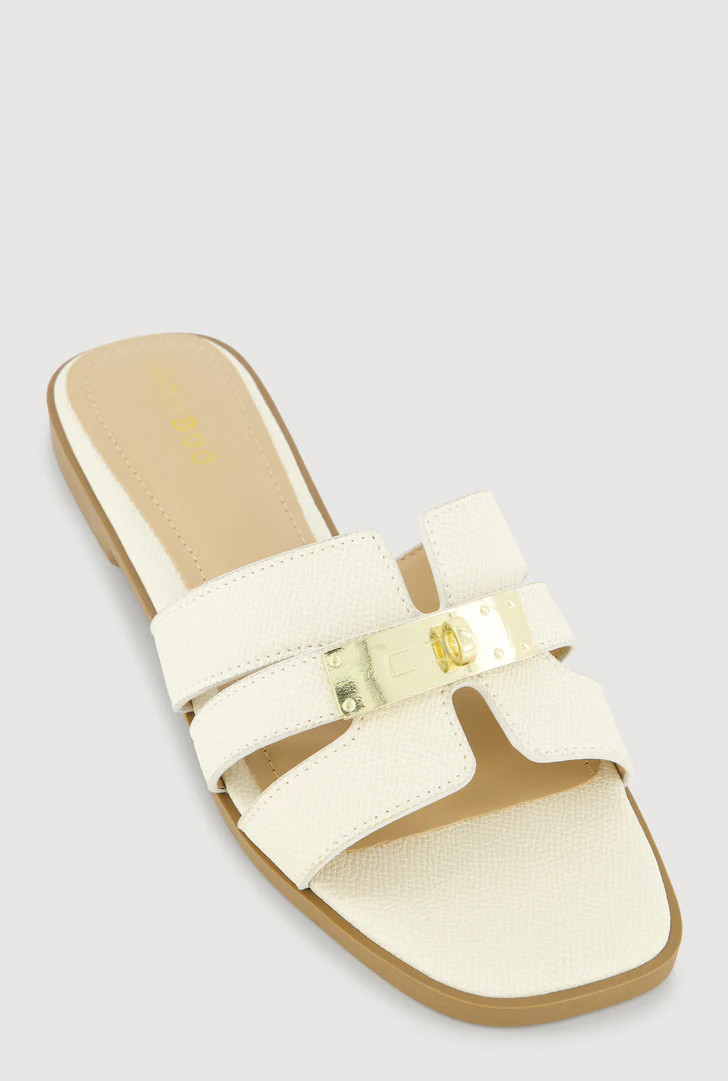 Metallic Pendant Cut Out Band Slide Sandals | Rainbow Shops