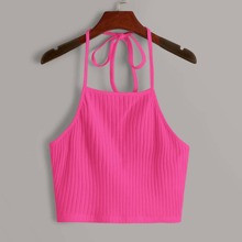 Ribbed Neon Pink Cropped Halter Top | SHEIN