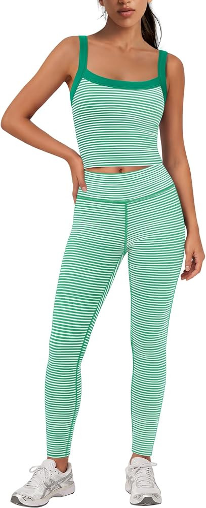 Nirovien Womens Striped Workout Set 2 Piece Yoga Sets Gym Athletic Outfits | Amazon (US)