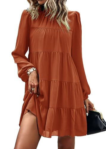 KIRUNDO Long Sleeve Baby Doll Dresses Women 2025 Casual Fall Winter Ruffle Mock Neck Tiered Mini Flowy Swing Shift Dress(Brunt Orange, Large) | Amazon (US)