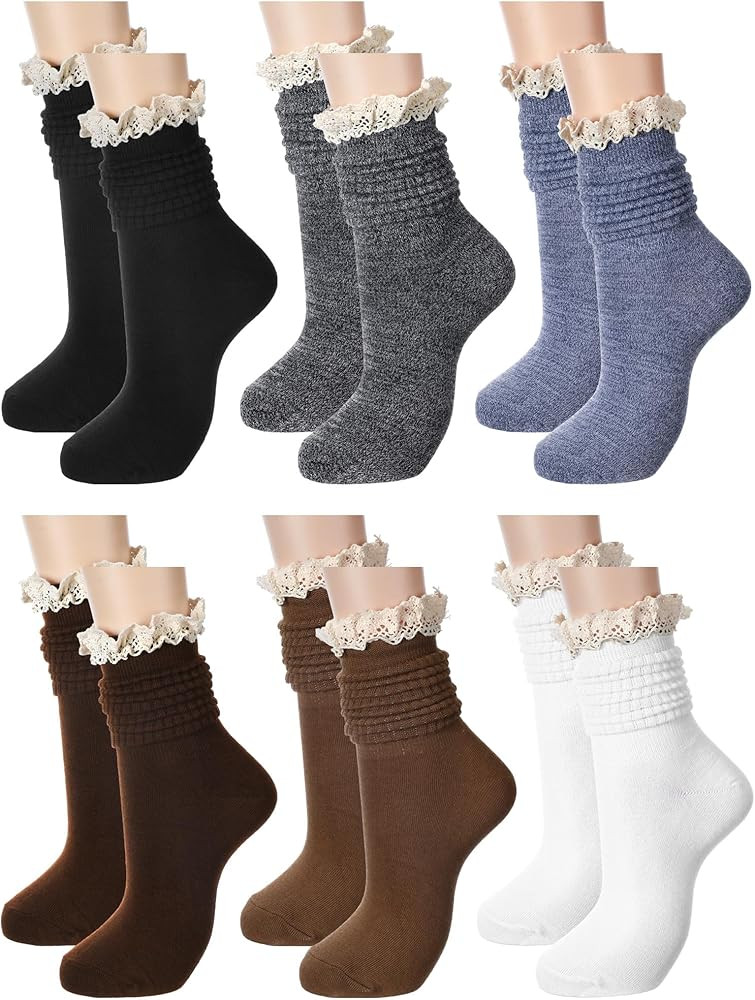 6 Pairs Women Slouch Socks - Ruffle Frilly Turn Cuff Cotton Knit Lace Trim Knee High Scrunch Boot... | Amazon (US)