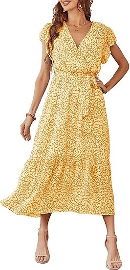 PRETTYGARDEN Women's 2024 Floral Boho Dress Wrap V Neck Short Sleeve Belted Ruffle Hem A-Line Flo... | Amazon (US)
