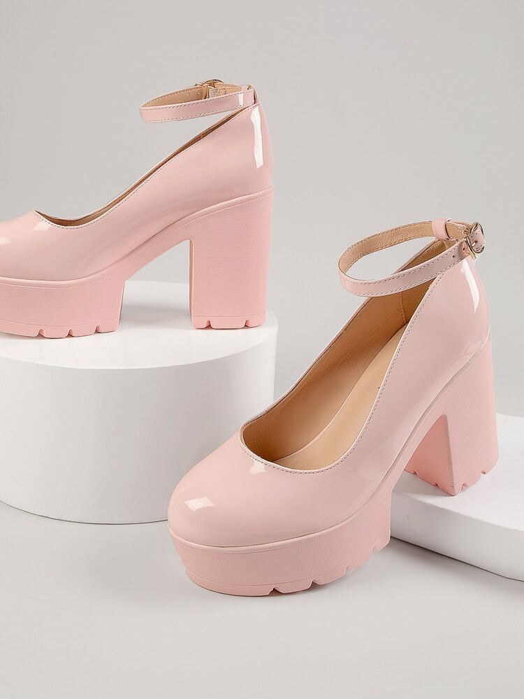 Faux Patent Leather Platform Block Heel Mary Janes | SHEIN