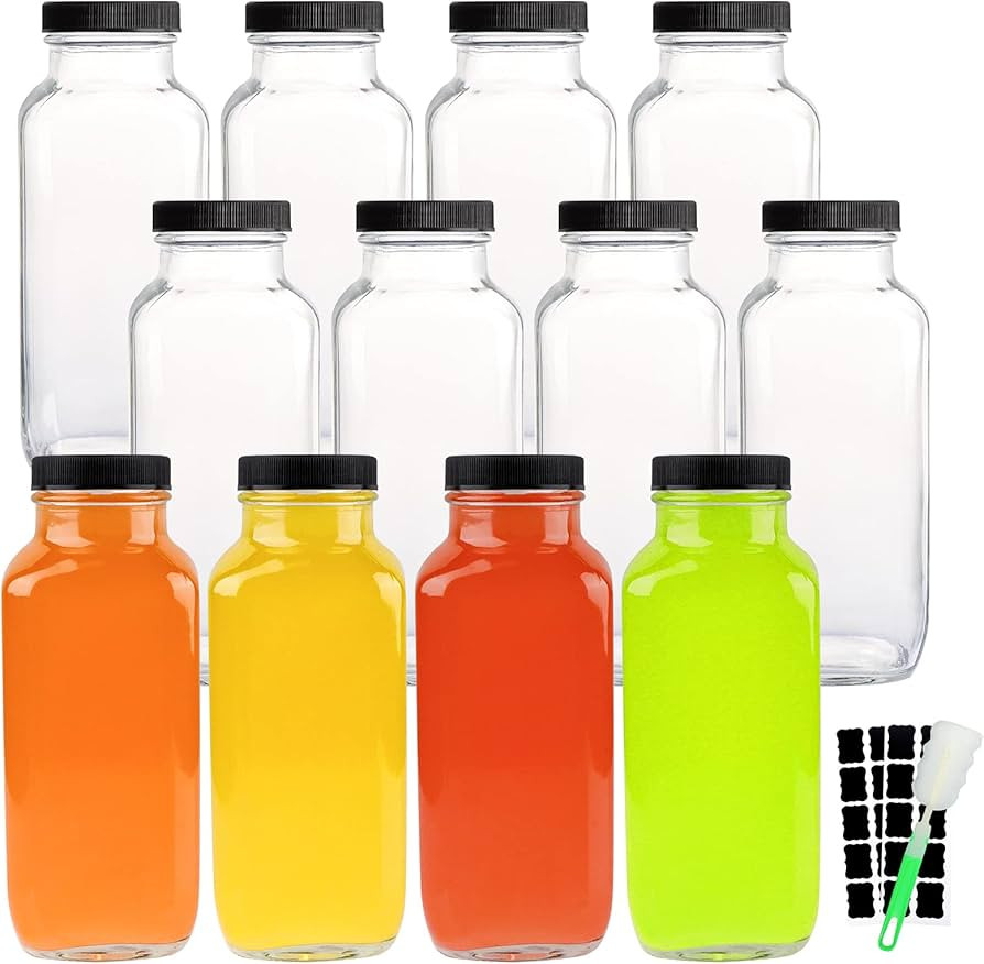 16 OZ Glass Drink Bottles, Set of 12 Vintage Glass Water Bottles with Lids, Great for storing Jui... | Amazon (US)
