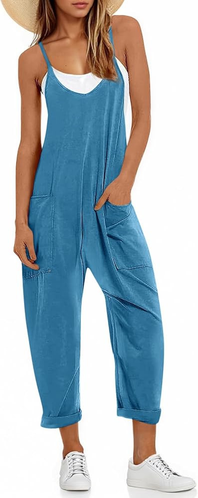 Fisoew Women's Summer Sleeveless Loose Casual V Neck Jumpsuits Spaghetti Strap Long Pants Baggy O... | Amazon (US)