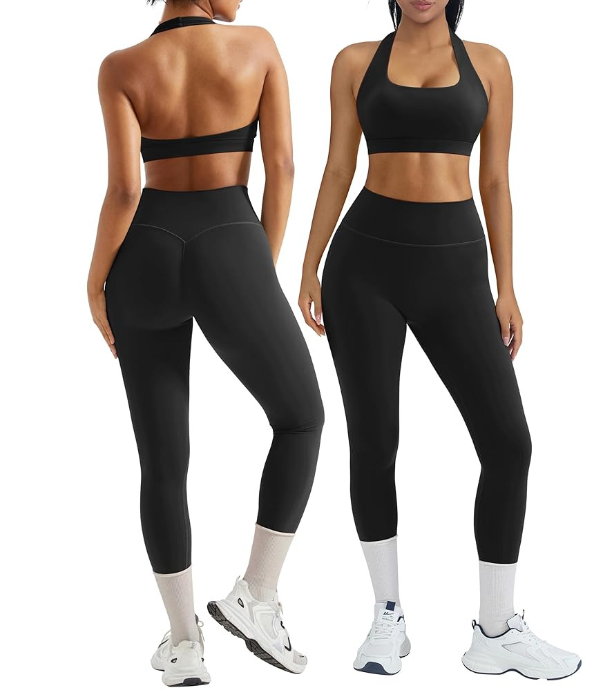 OMKAGI 2 Piece Workout Sets for Women Halter Sports Bras Gym Sets Booty Leggings Outfits | Amazon (US)
