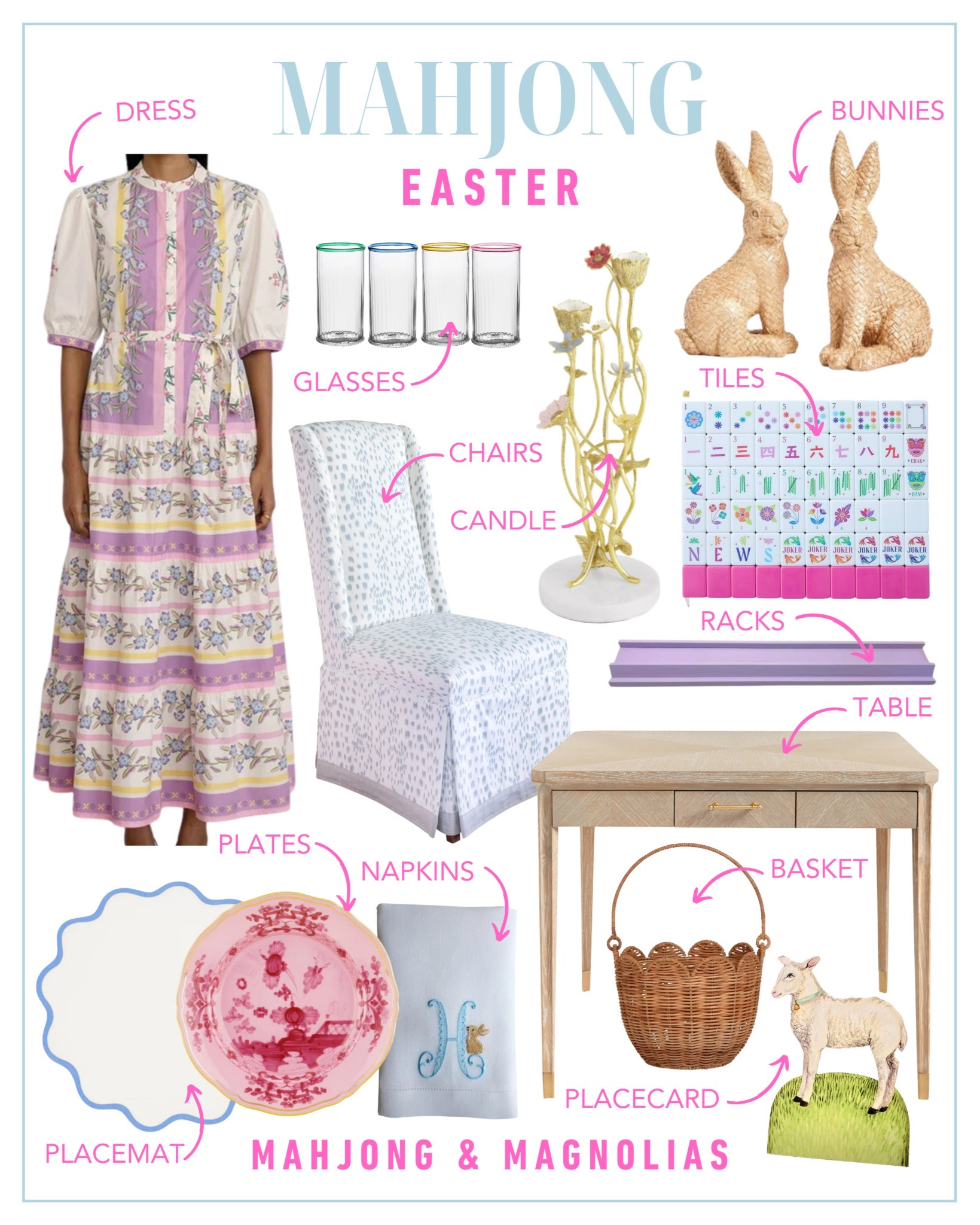 Combine pretty pastels with bunnies, baskets, lambs, and lilies — and colorful tiles and racks, of course! — for an Easter-themed mahjong party. 


#LTKSeasonal #LTKHome #LTKParties