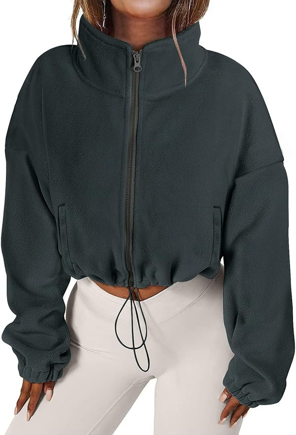 MEROKEETY Womens Long Sleeve Sherpa Fleece Crop Jacket Full Zip Stand Collar Coat with Pocket | Amazon (US)