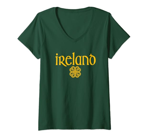 Womens Ireland Clover Hearts Irish Style Text Green w Amber Print V-Neck T-Shirt | Amazon (US)