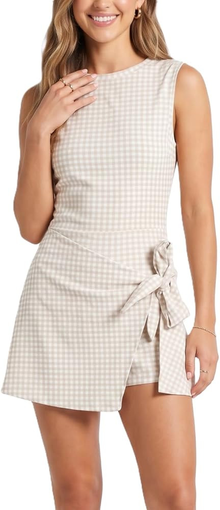 Women's Cute Sleeveless Mini Fitted Mini Gingham Wrap Romper Dress | Amazon (US)