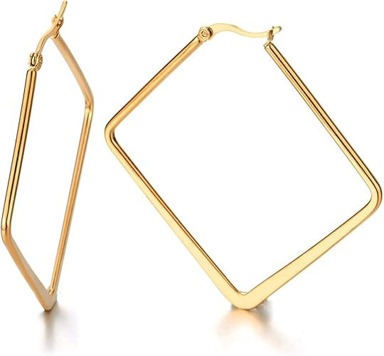 Pair Stainless Steel Gold Color Large Plain Square Huggie Hinged Hoop Earrings for Women | Amazon (US)