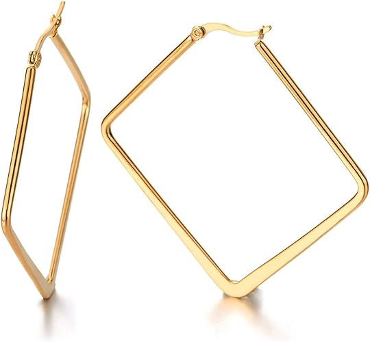 Pair Stainless Steel Gold Color Large Plain Square Huggie Hinged Hoop Earrings for Women | Amazon (US)