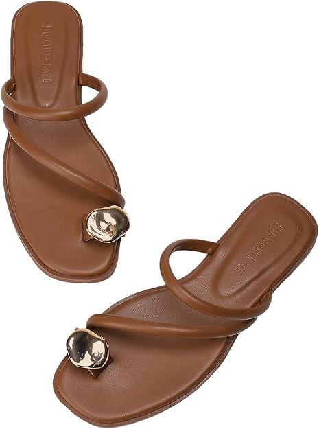 Women's Toe Ring Thong Sandals Open Toe Slide Flat Sandals Casual Summer Flip Flop Flat Sandals | Amazon (US)