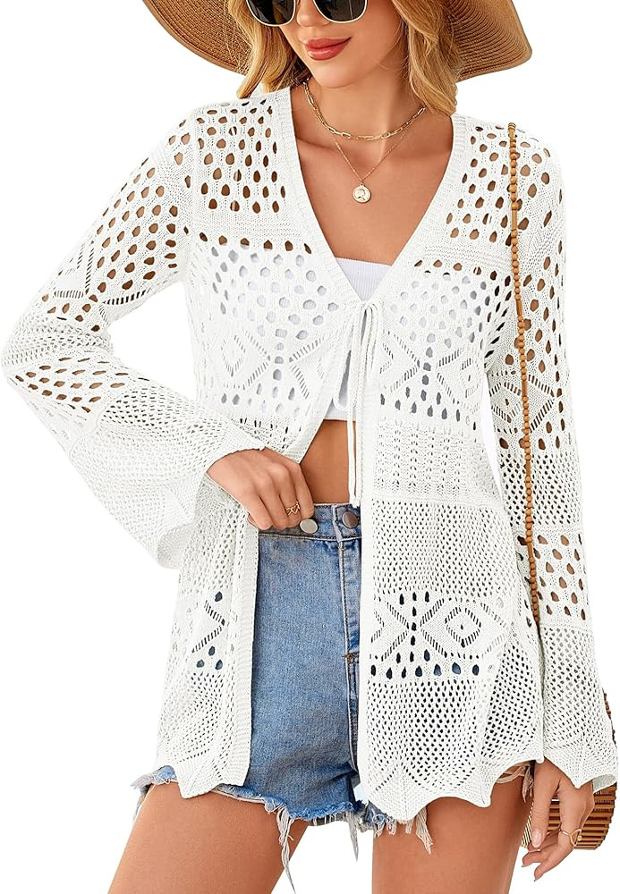 Bluetime Women Crochet Summer Lightweight Cardigan Tie Front Sweater Long Sleeve Knit Shrug Beach Coverups | Amazon (US)