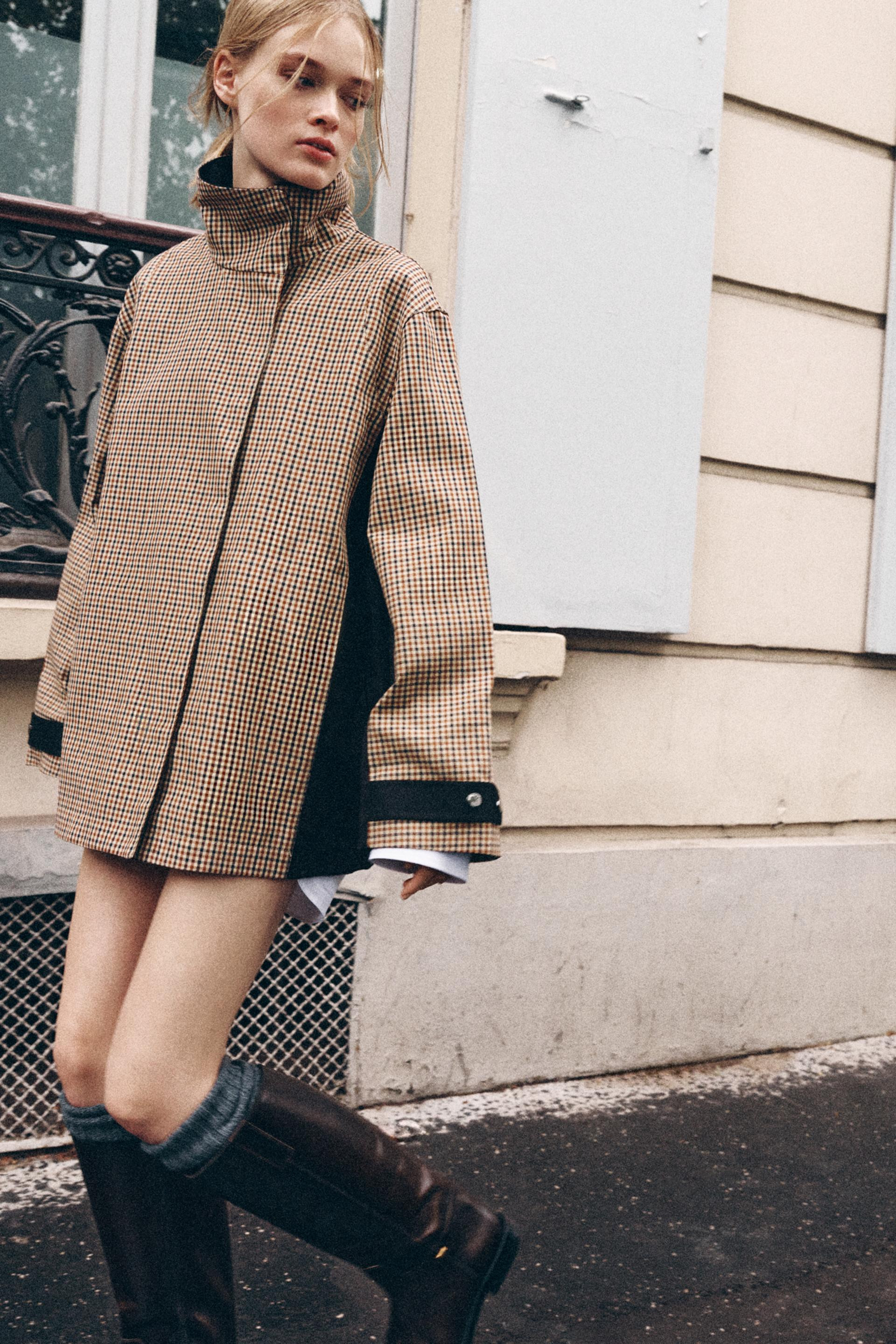 Zara - Zw Collection Checked Cropped Parka - Brown / Ecru - S - Woman | Zara US