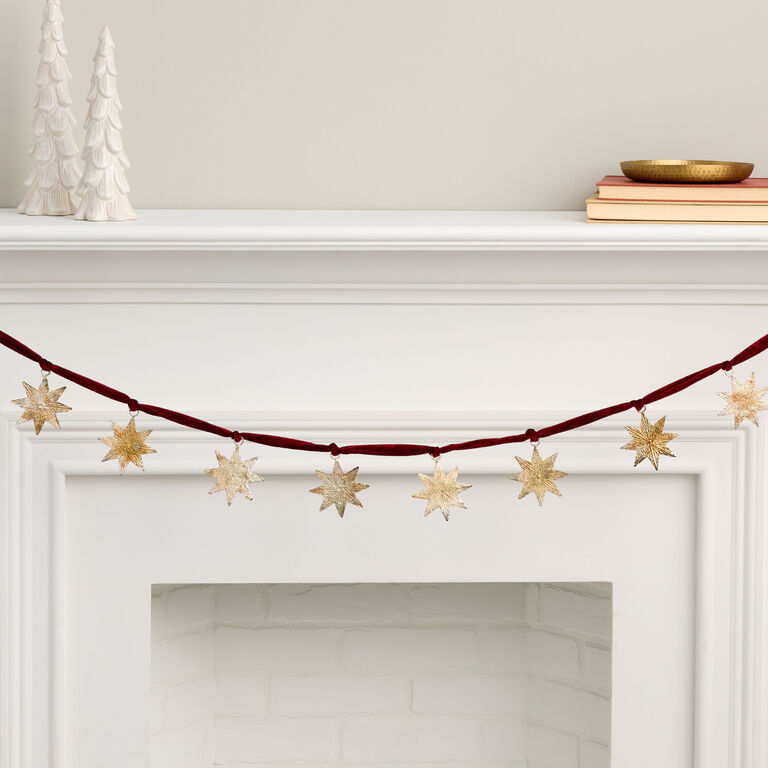 Burgundy Velvet and Gold Metal Star Garland | World Market