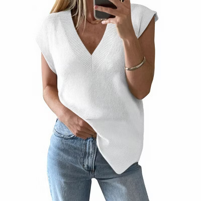 Womens V Neck Sweater Vest Trendy Cap Sleeve Sweater Winter Pullover Sweater Vest Sleeveless Knit Tops, White - M | Target