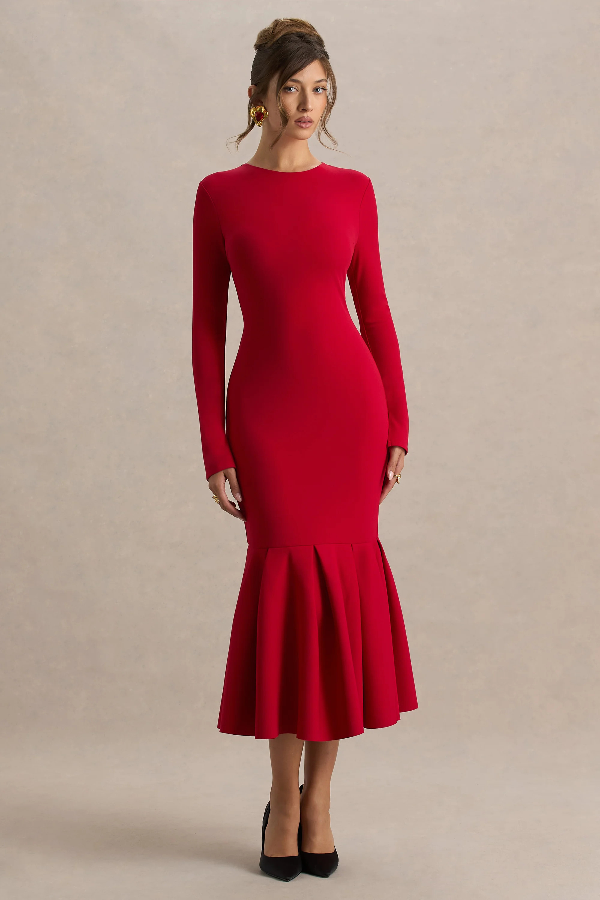 Liberty | Red High Neck Mermaid Midi Dress With Ruffling Detail | Club L London