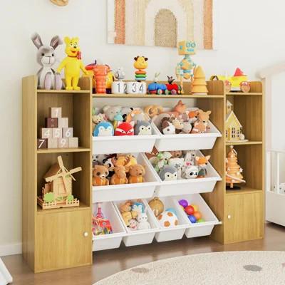 Toy Storage Organizer w/8 Removable Toy Bins, Bookshelf and Toy Storage w/2 Storage Cubbies Playroom Organization and Storage Bins -Natural Wood | Wayfair North America