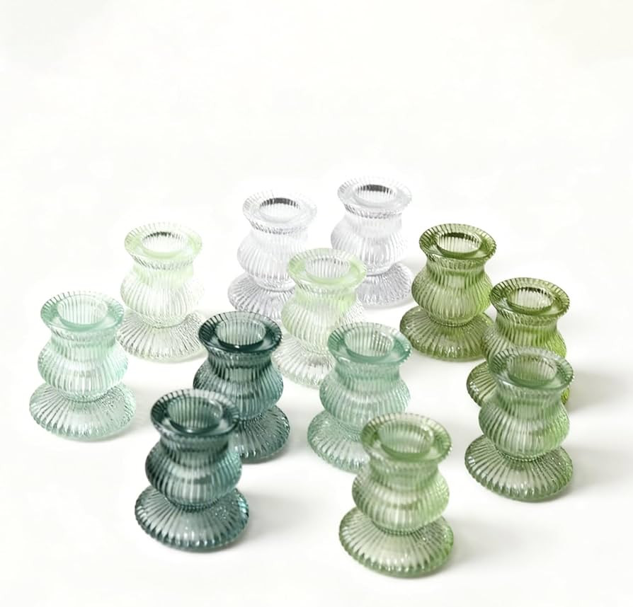 Green Glass Candle Holders 12 Pcs, Ribbed Taper Candle Holders Bulk, Vintage Candlestick Holders ... | Amazon (US)