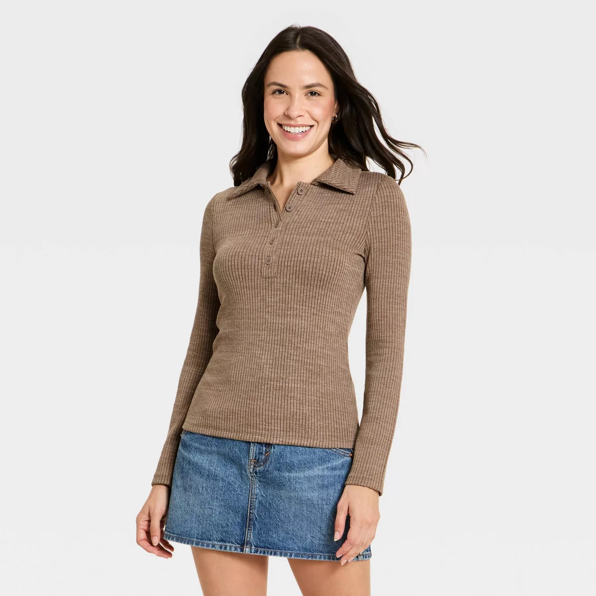 Women's Long Sleeve Polo Shirt - Universal Thread™ Brown L | Target