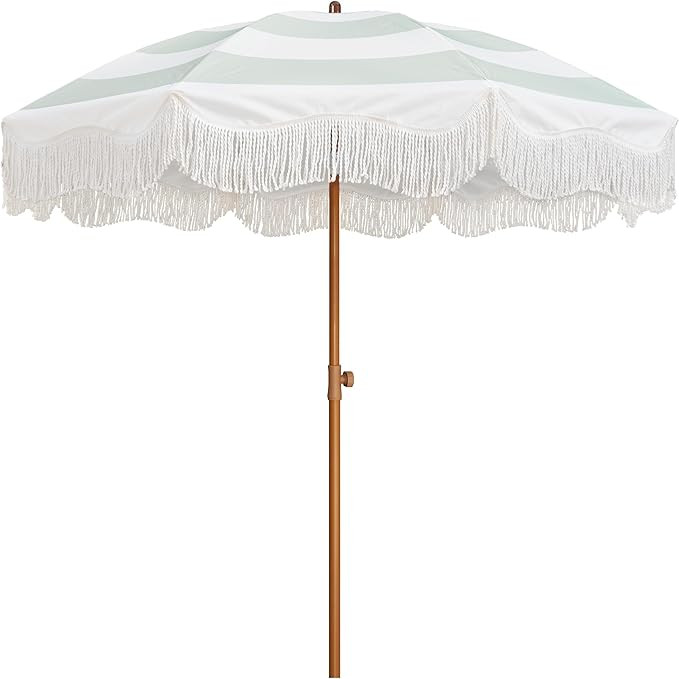 AMMSUN Boho Fringe Umbrella Outdoor Patio, 6.5ft UPF50+ Picnic Umbrella with Tassels with Steel P... | Amazon (US)
