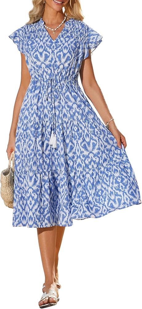 GRACE KARIN Womens Summer Floral Midi Dresses Short Sleeve Beach Wedding Guest Dress Drawstring L... | Amazon (US)