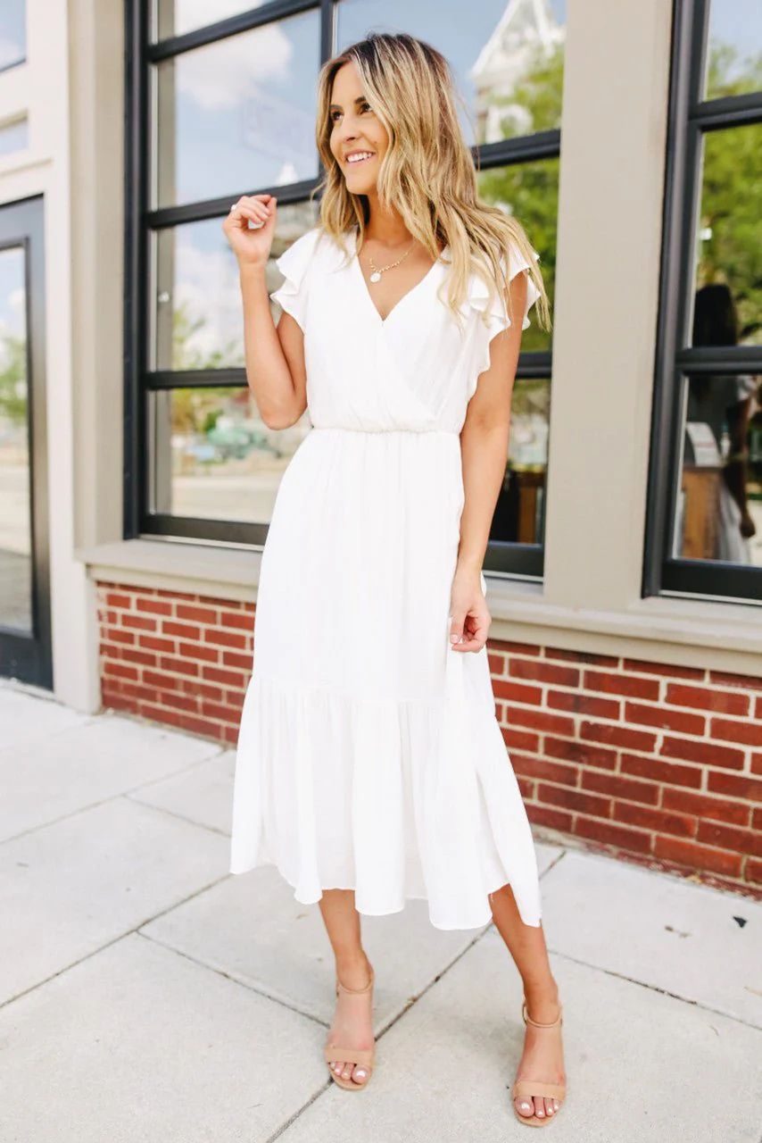 White Midi Dress with Sleeves | Shop Magnolia Boutique | Graduation Dress | White Dress Bride Outfit | Magnolia Boutique